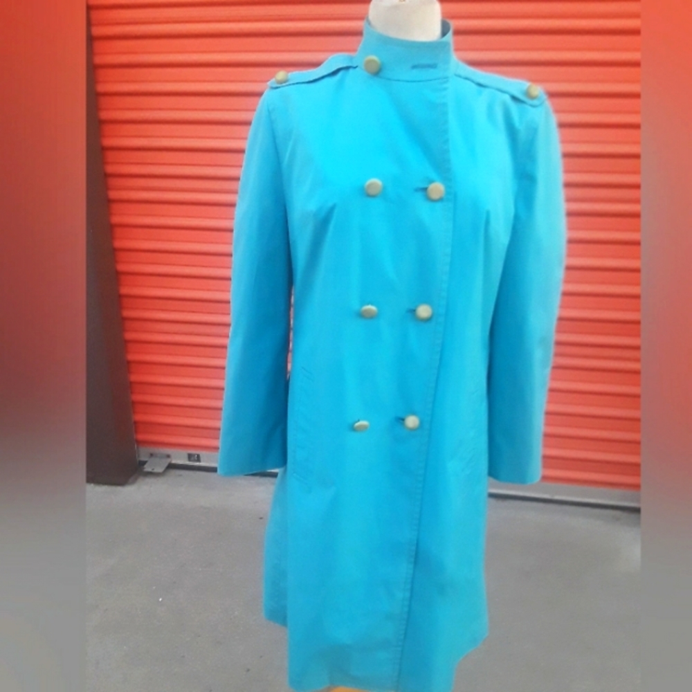 women Turquoise Blue Military Trench coat jacket Med Large M L
